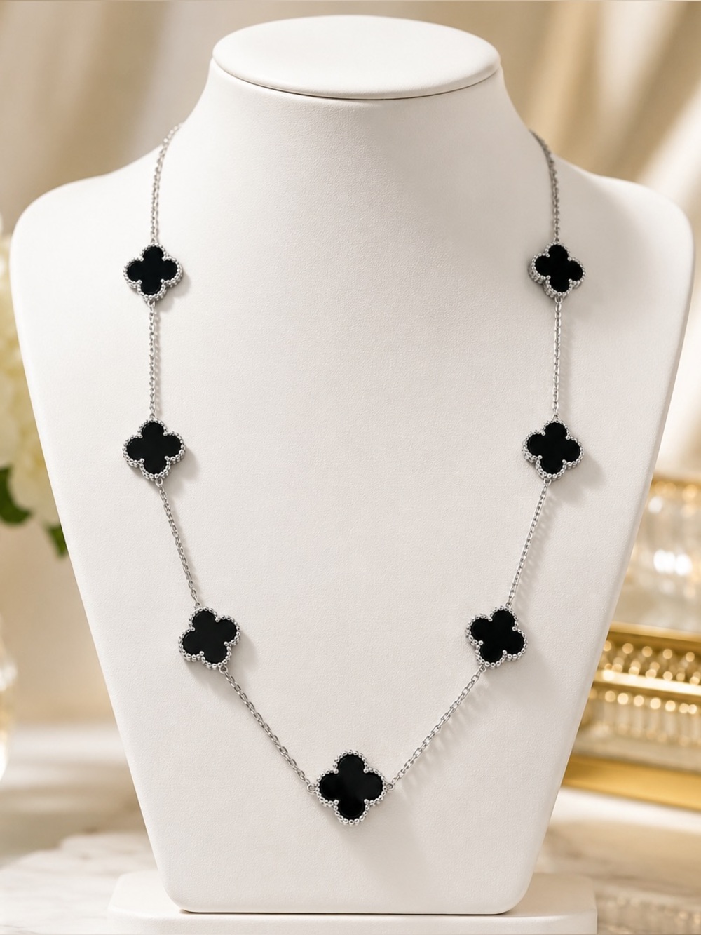 925 Sterling Silver Onyx Clover Station Necklace - Picture 3 of 7